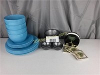 BLUE BOWLS, PLATES, BOWLS, COSTERS, NAPKIN HOLDER