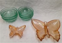 6 Green Glass Bowls and 2 Glass Butterflies