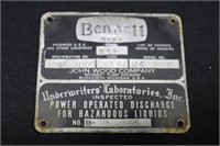 Bennett fuel/gas pump metal identification tag