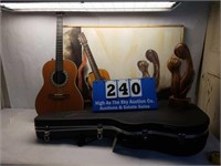 Signed Canvas Painting, Guitar, & Wooden Figurine