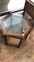 Hexagon side table with glass top insert. Top