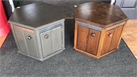 Two hexagon end tables with under storage. These