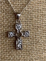 Sterling Silver Cross Necklace w/ White Stones