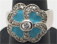 Sterling Enameled Ring W Clear Stones