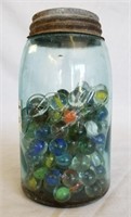 Antique Blue-glass Ball Canning Jar FULL of Marble