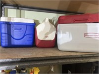 3 Small coolers: Rubbermaid, igloo, and Coleman