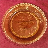 Small Amber Glass Chickadee Plate (Vintage)