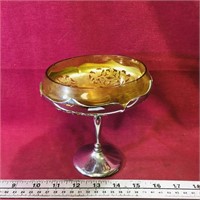Metal & Amber Glass Pedestal Dish (Vintage)