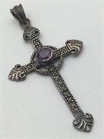 Sterling Marcasite & Purple Stone Cross Pendant