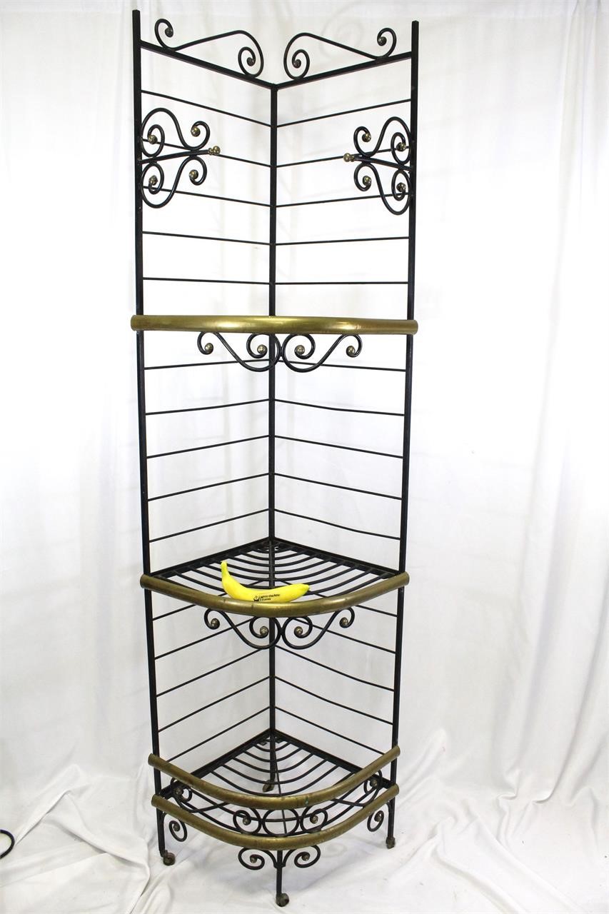 French Wrought Iron & Brass Corner Baker's Rack