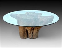 REDWOOD TREE TRUNK GLASS TOP TABLE