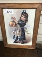 Girl w/ tea kettle framed picture, 11 x 14