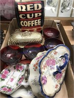 Red glass, misc glassware, Red Cup Coffee sack