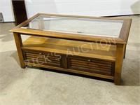 wood & glass top coffee table w/ 3 drawers