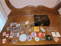 Asian scene box. Badges, stones, charms, zippo