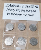 Canada-6 GEO 5 5 cent coins, 1927, 1929,