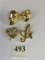 BOW PIN GOLD TONE LETTER "A" PIN HEART PIN WITH