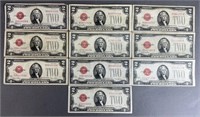 10pc 1928 Series $2 Legal Tender Notes Red Seals