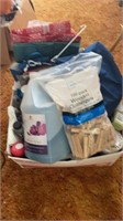 Variety box lot- cleaning supplies, clothes pins,