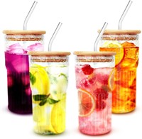 Glass Cups with Lids and Straws: 4pcs Ribbed Glass