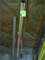 FIBERGLASS WALKING STICKS, LOPPERS (DAMAGED), AXE