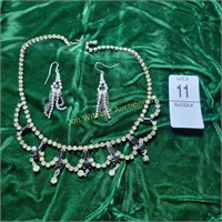 Rhinestone necklace and earrings, missing 1 stone