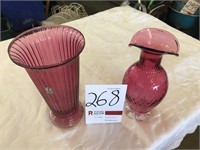 2 Cranberry Vases, 10" high