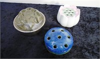 3 Flower Frogs: Sterling Silver, Pottery, Ceramic