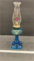 Blue Glass Oil Lamp. 15" high.