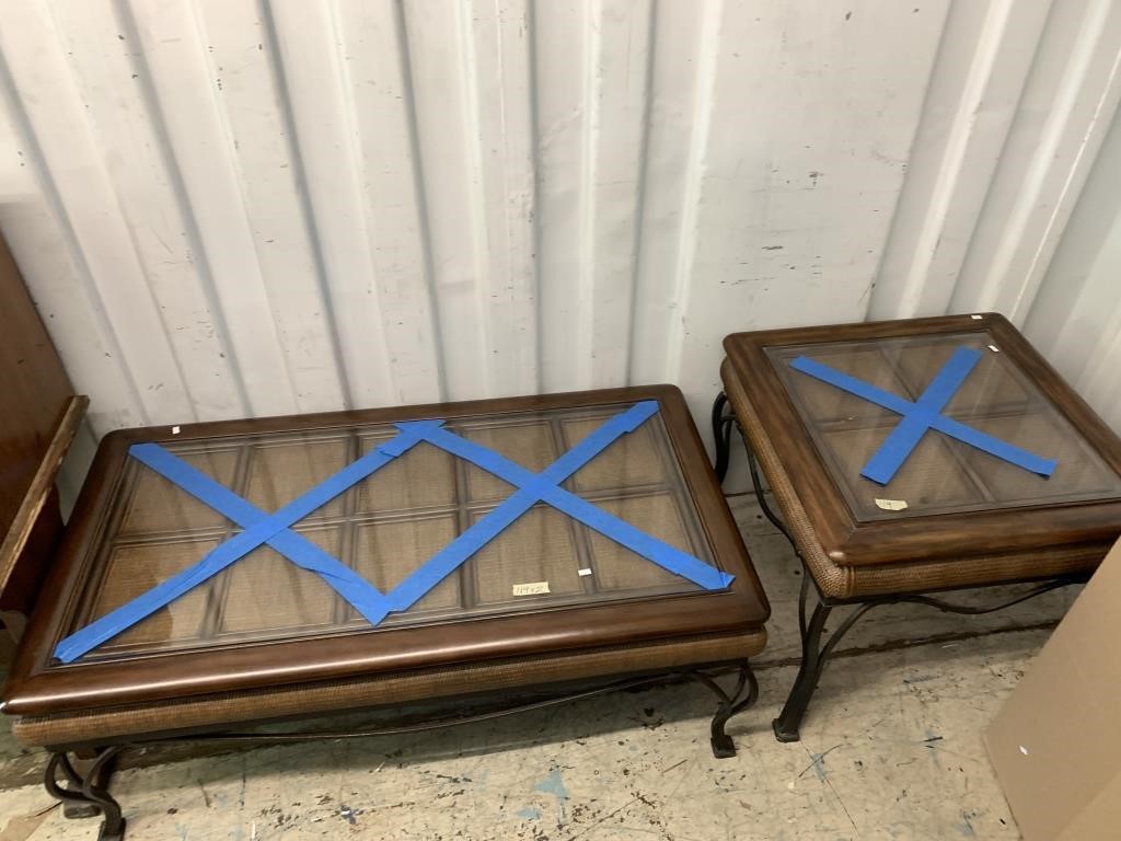 Coffee table and end table matched set, glass tops