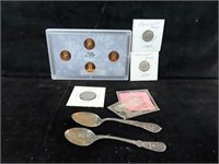 GROUPING: 2 STERLING SPOONS, 4 - 2009-S PENNIES,