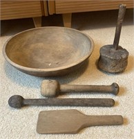 Carved Wooden Bowl with Pestles and Scraper