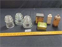 Wood Canister, Vintage Tins, Glass Insulators