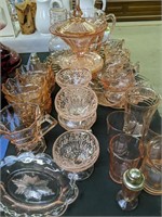 Pink Depression Glass. Pitcher, Platter, Cups Etc