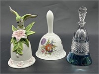 (3) Bells: 2- Porcelain Hummingbird & Flower, +
