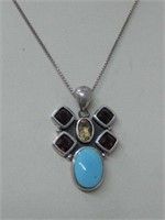 Sterling, Garnet, Turquoise, Citrine Necklace