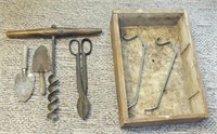 DRAWER W/ PRIMITIVE WOOD AUGER, TONGS & MORE