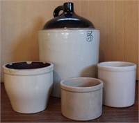 4 pieces of stoneware: 5 gal. brown top jug -17"h