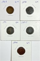 (5) Indian Head Cent Lot 1869,1890,1891,1893,1894