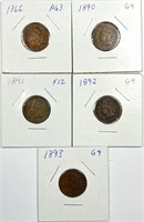 (5) Indian Head Cent Lot 1866,1890,1891,1892,1893