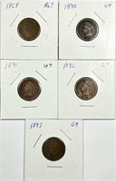 (5) Indian Head Cent Lot 1868,1890,1891,1892,1893