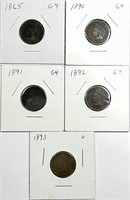 (5) Indian Head Cent Lot 1865,1890,1891,1892,1893