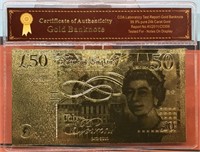 British 50 pound gold banknote