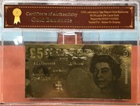 British 5 pound gold banknote