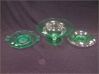 Three green (glows) vaseline glass serving