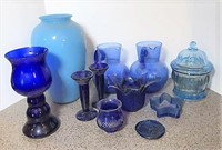 Blue Glass Pitchers and Candle Holders