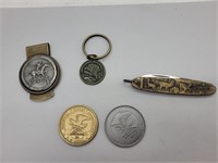 Money clip, knife, key chain, NRA Medals