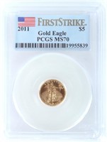 2011 EAGLE 1/10 OZ FINE GOLD $5 COIN PCGS MS70