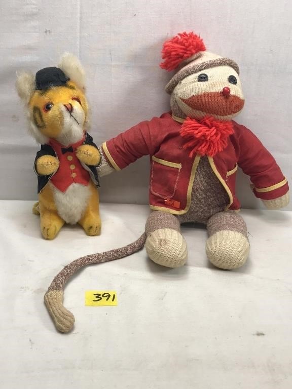 Vintage Sock Monkey and Antique Stuffed Tiger