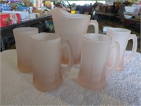 Vintage Pink Satin / Frosted Pitcher w/ 4 Mugs